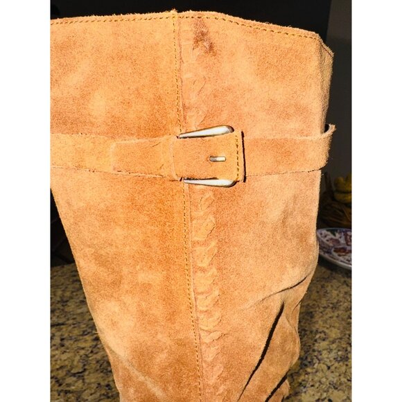 Naughty Monkey Tan Suede Knee-High Slouchy Distressed Boots Boho Western Wedge - Picture 13 of 13